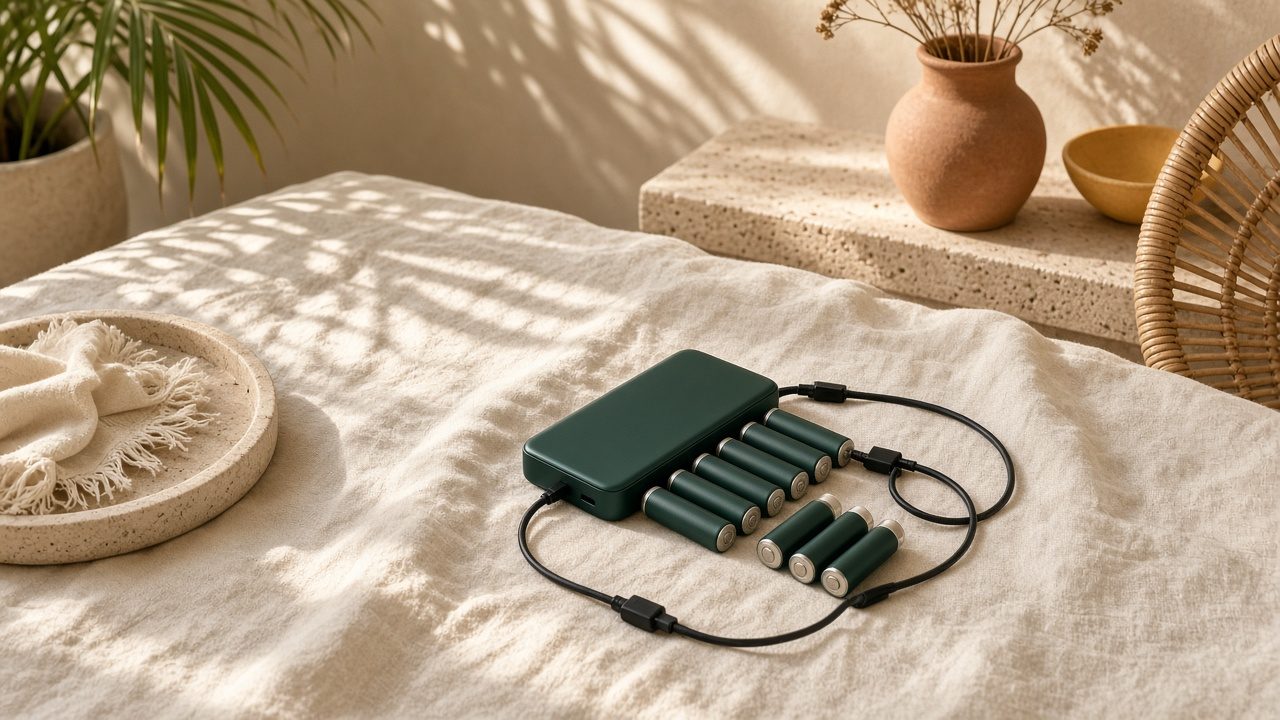 Device with batteries, mounts, and cables on a linen bedspread