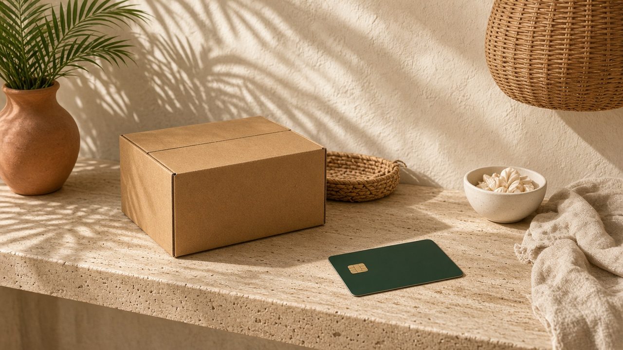 Secure checkout concept with packed order box