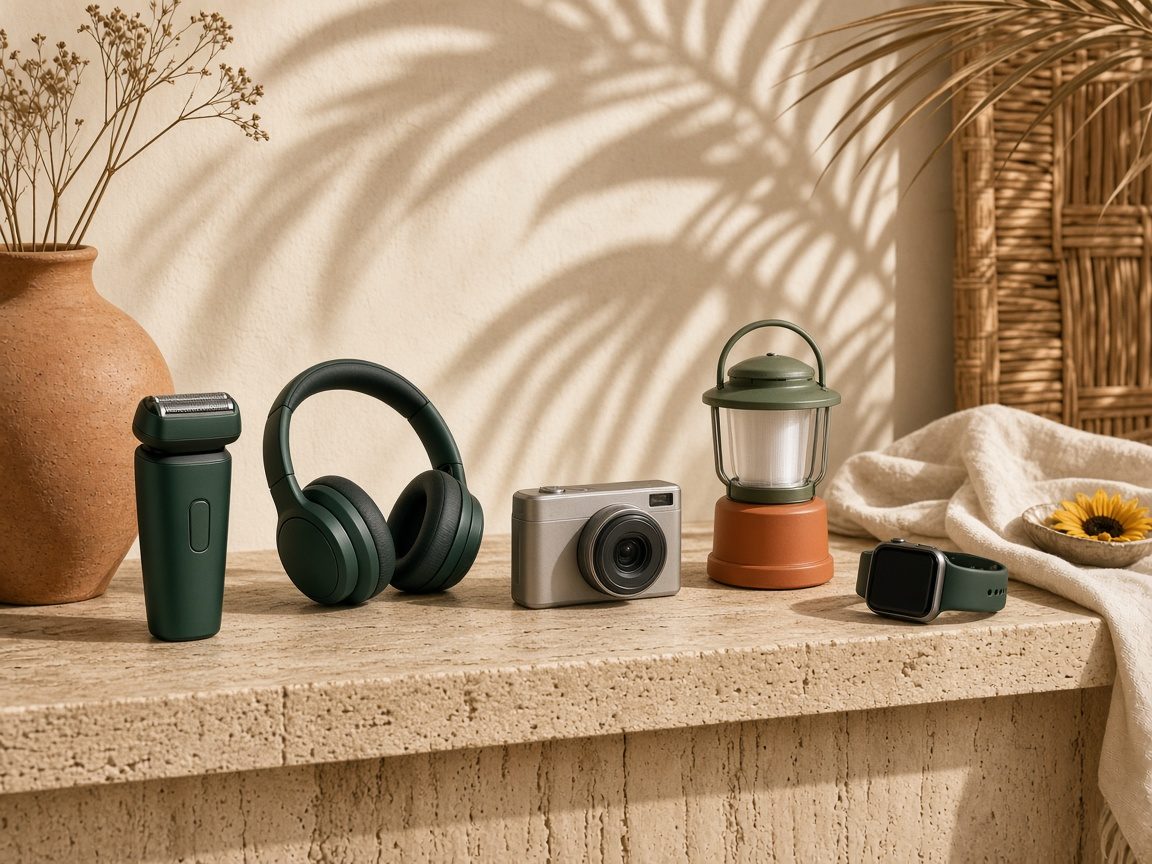 Assortment of unbranded premium products from several categories displayed on a long travertine credenza