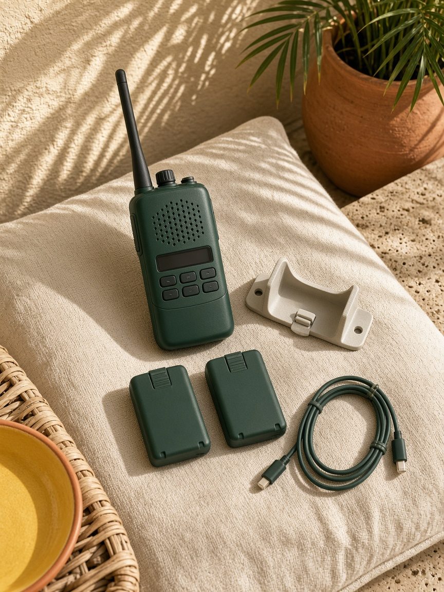 Marine radio shown with spare batteries, a mounting bracket, and charging cables on a linen cabana cushion