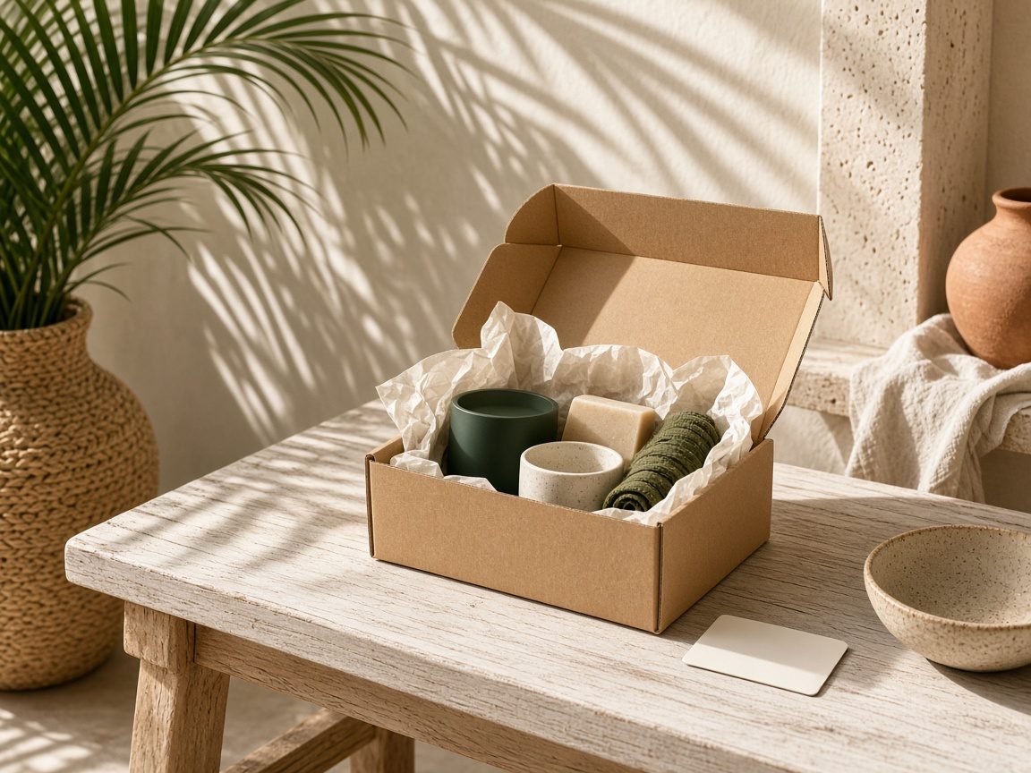 Packed shipping box with tissue paper and a payment card on a whitewashed entry table