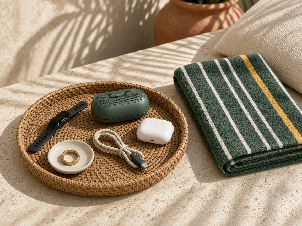 Fitness tracker, compact speaker, and phone accessories on a rattan tray beside a pool towel
