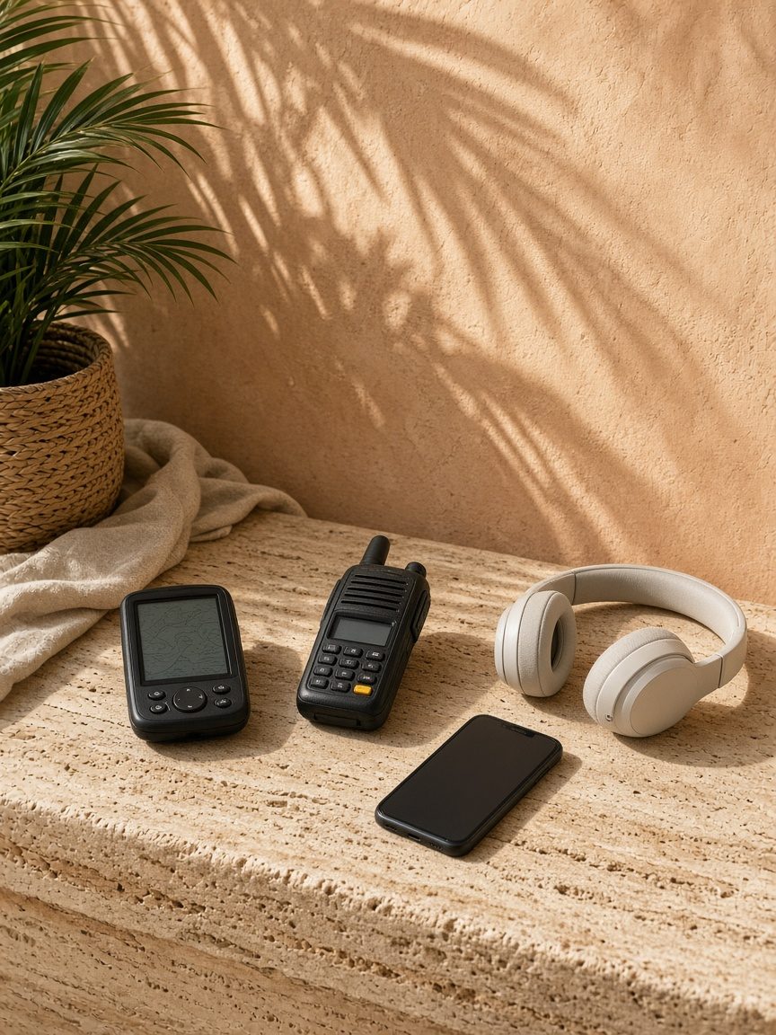 Handheld GPS, marine radio, headset, and smartphone arranged on a travertine console in warm afternoon light