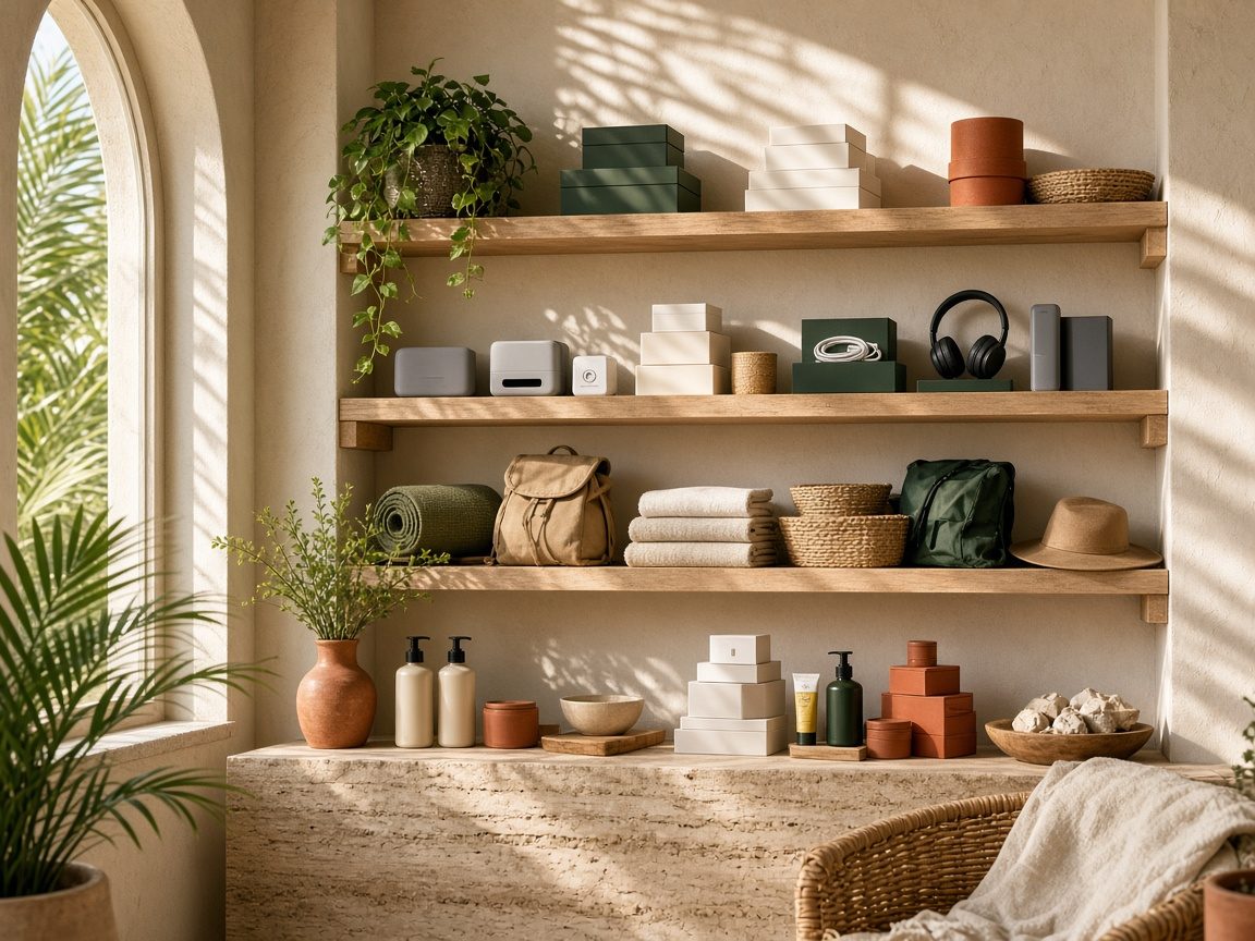 Neatly organized open shelving with boxed electronics, outdoor gear, and personal care products