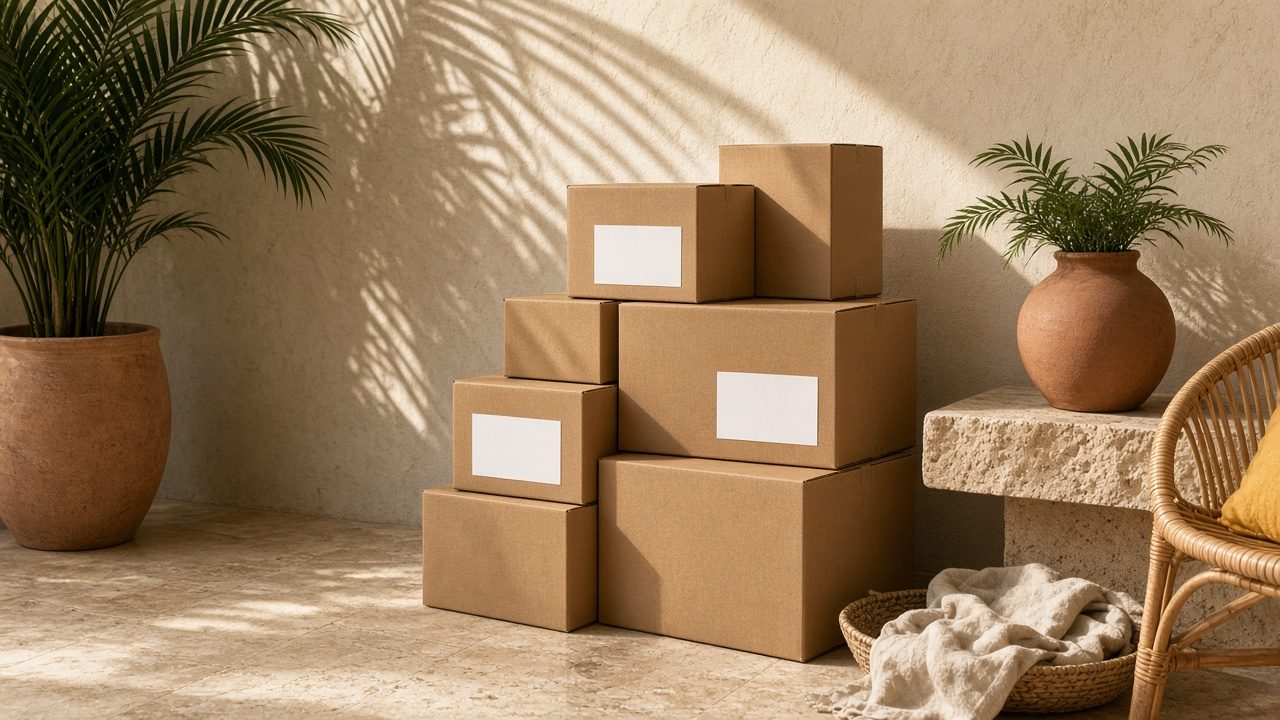 Shipping boxes with tracking labels on walnut flooring
